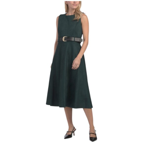 CALVIN KLEIN Faux Suede Belted Fit And Flare Dress - Picture 1 of 3